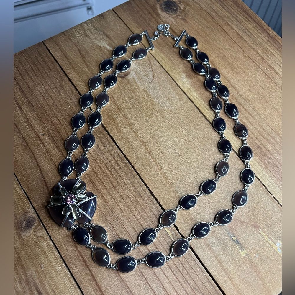 Talbots Silver Tone & Purple and Brown Glass Bead Flower Statement Necklace